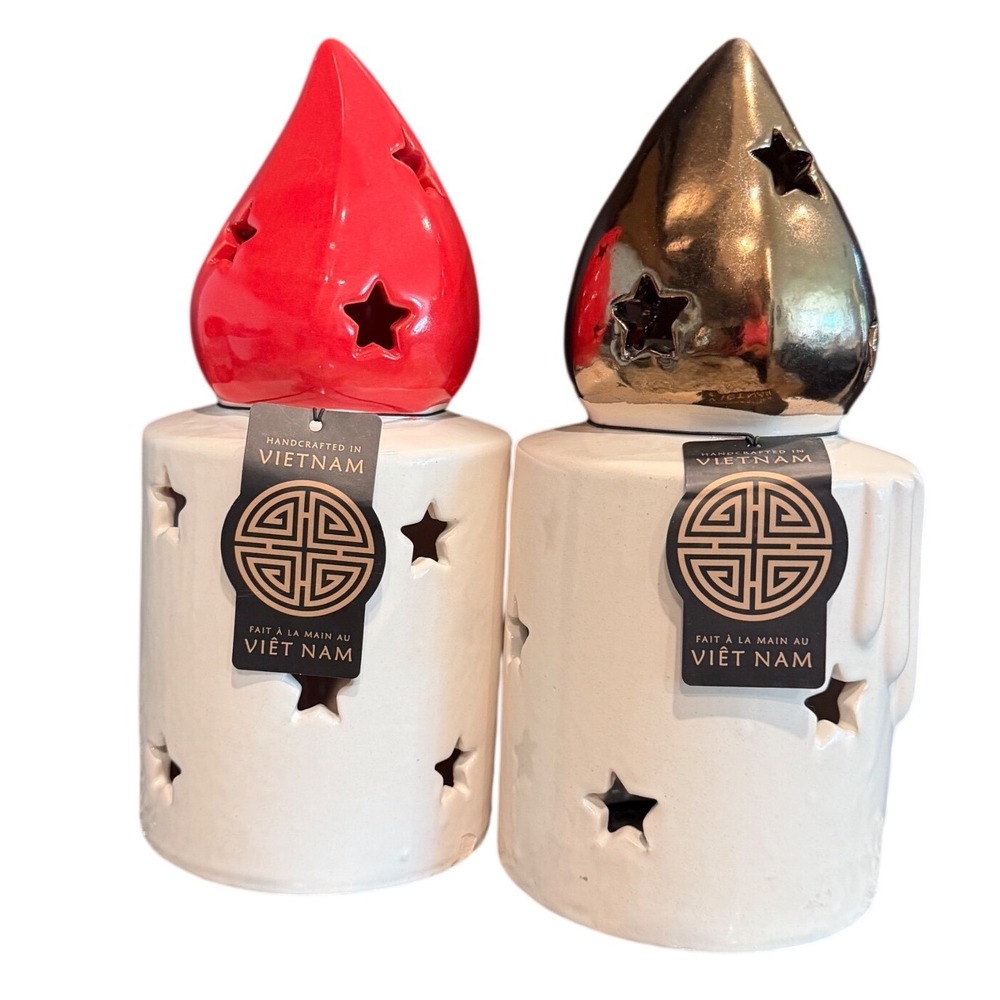 Handcrafted Ceramic Star‎ Cutout Candle Holders Set of 2 Red Gold Vietnam Decor